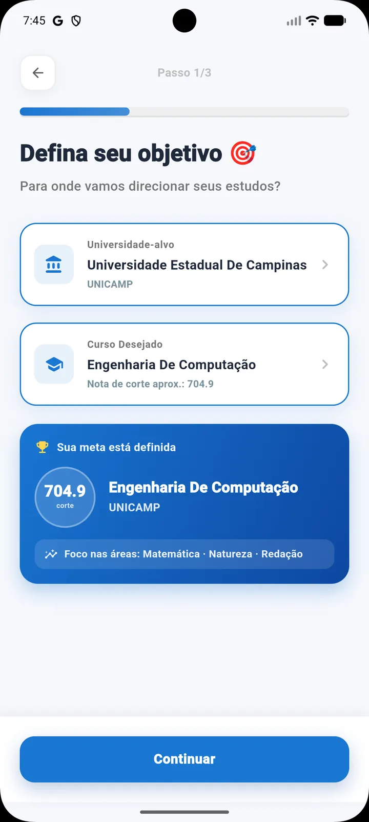 Tela de definição de objetivo, com universidade-alvo, curso desejado e nota de corte
