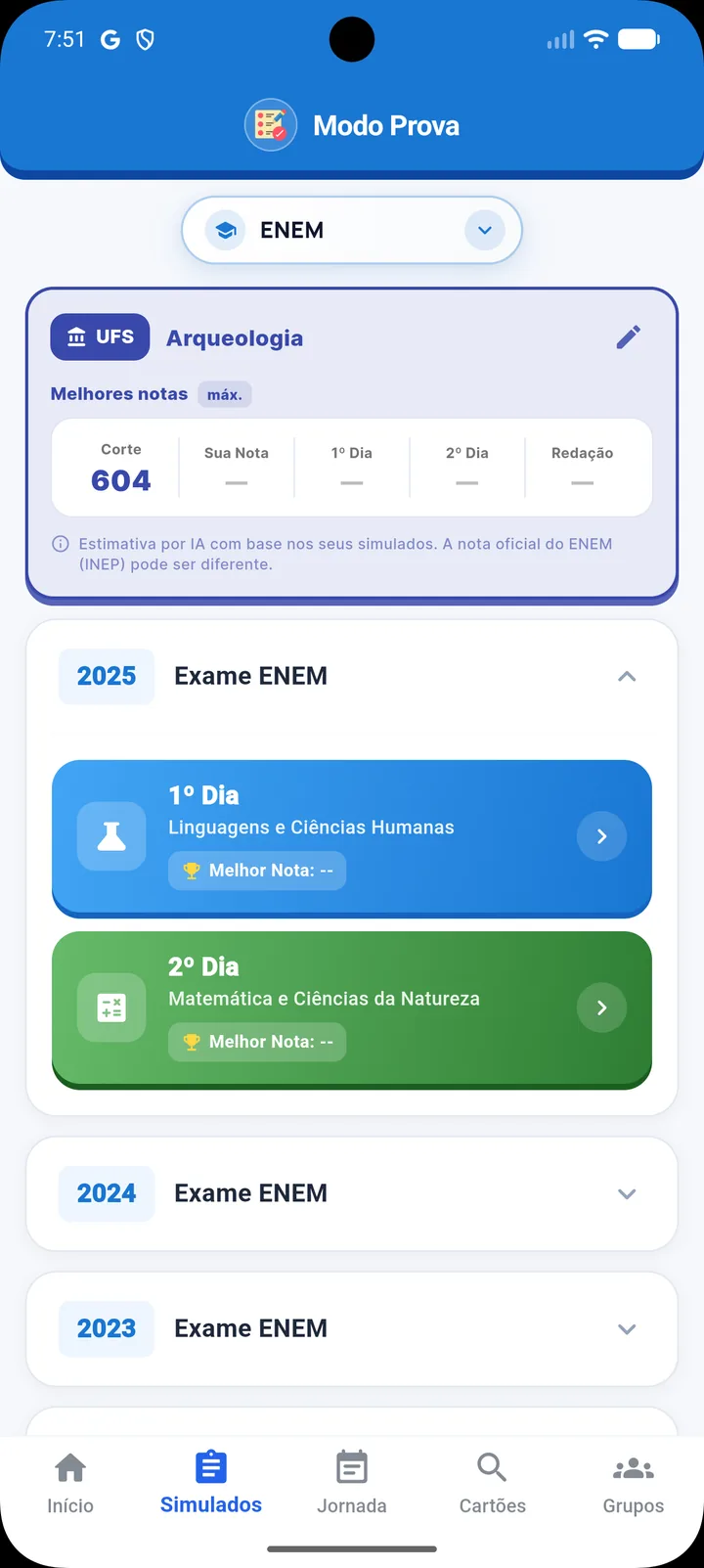 Lista de simulados do ENEM por ano, com 1º e 2º dia e nota de corte do curso escolhido